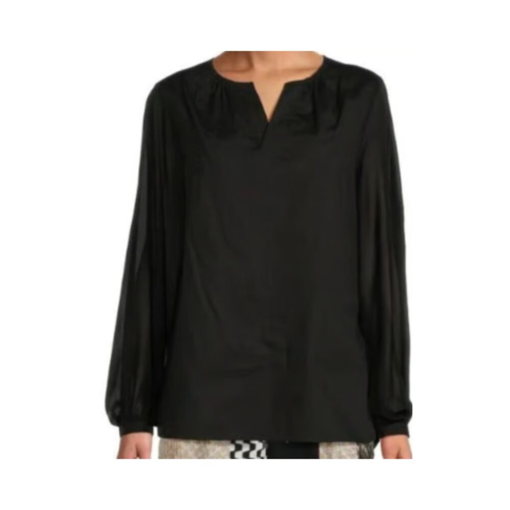 NWT H by Halston Black Puff Sheer Sleeve Blouse Medium